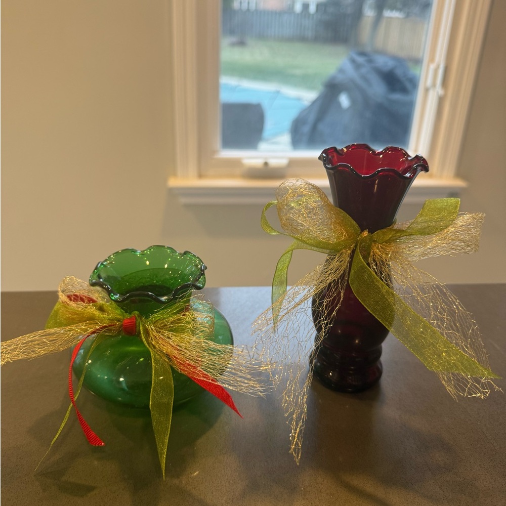 Set of Two Decorative Glass Vases with Bows